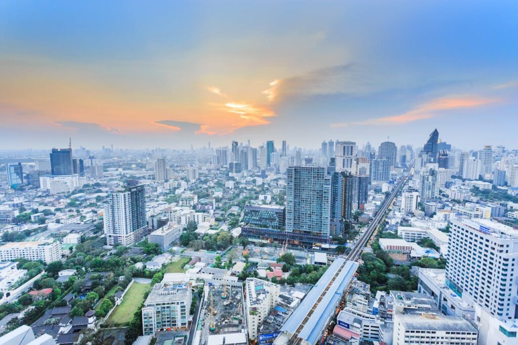 The Bangkok skyline at sunset from above