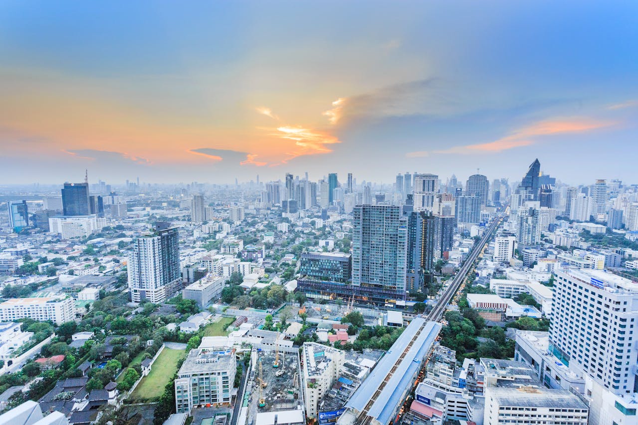 The Bangkok skyline at sunset from above